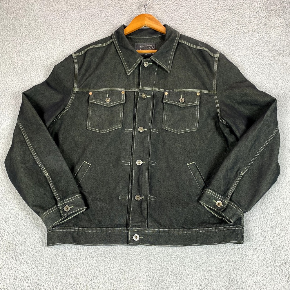 Vtg Guess Jacket Mens Large Black Green Denim Jean Type 2 Streetwear Coat